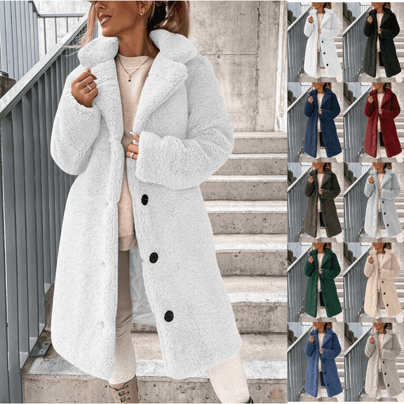 Jinhomg Winter Jackets for Women Fashion Oversized Teddy Bear Jacket Long Faux Fur Trench Coats Lapel Collar Sherpa Fluffy Cozy Outerwear