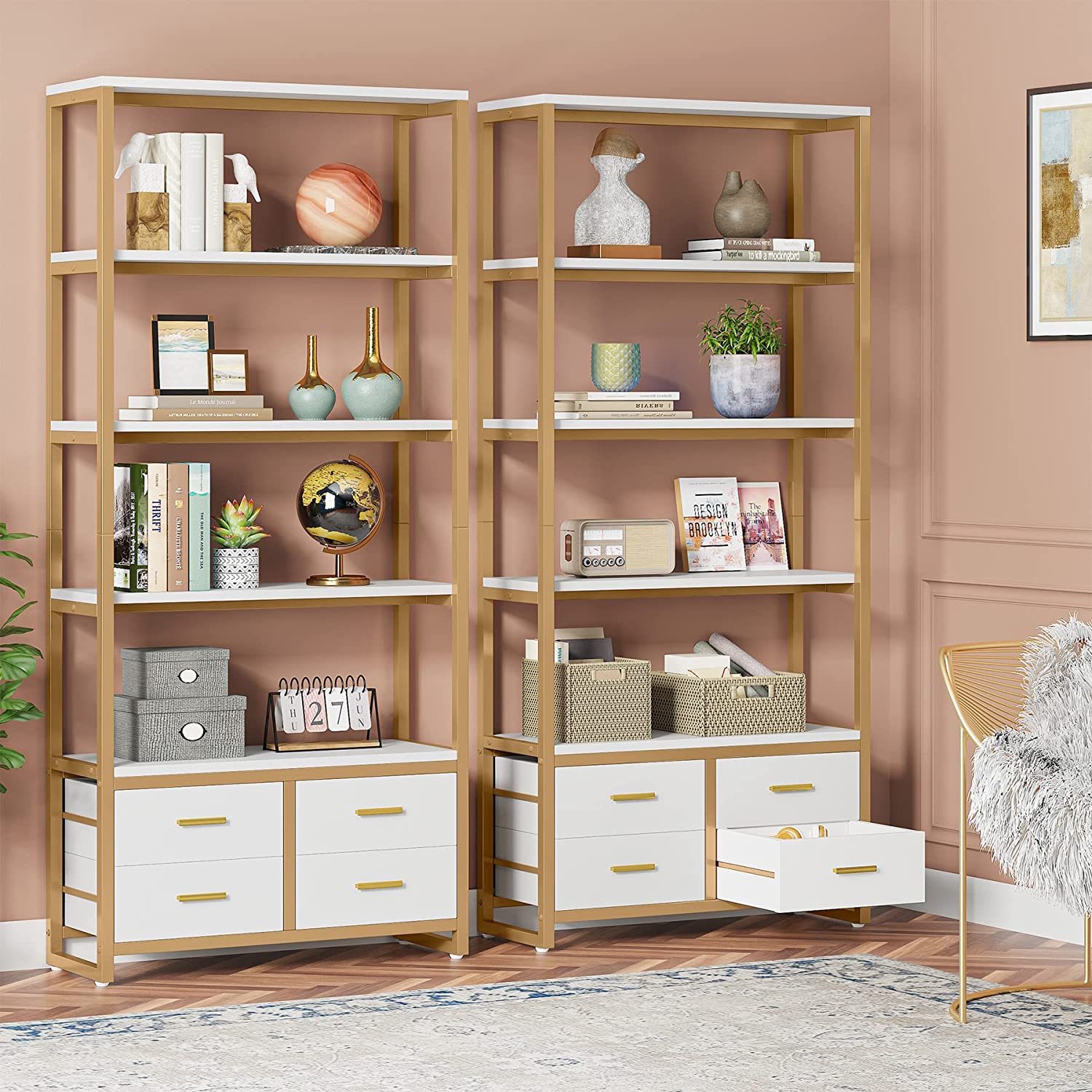 Modern 5Tier Gold and White Bookshelf with Drawers, Tall Etagere