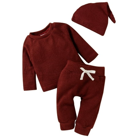 

LNWUY Newborn Baby Boy Girl Clothes Ribbed Knitted Cotton Long Sleeve Romper Long Pants Solid Color Fall Winter Outfits Red 3 months