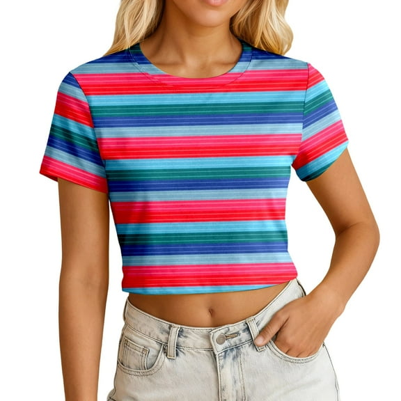 Yuanlong Womens T-Shirts Ladies Short Sleeve Colorful Striped Crew Neck Cropped Tee Shirts Summer Daily Clothes Fashion Pullover Tops