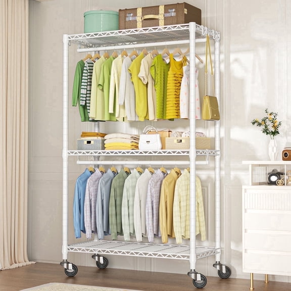 FUTASSI P3 Rolling Clothes Rack, Clothing Racks for Hanging Clothes, Heavy Duty Garment Rack with Wheels, Freestanding Portable Closet Organizer , Max Load 464 LBS, Whtie