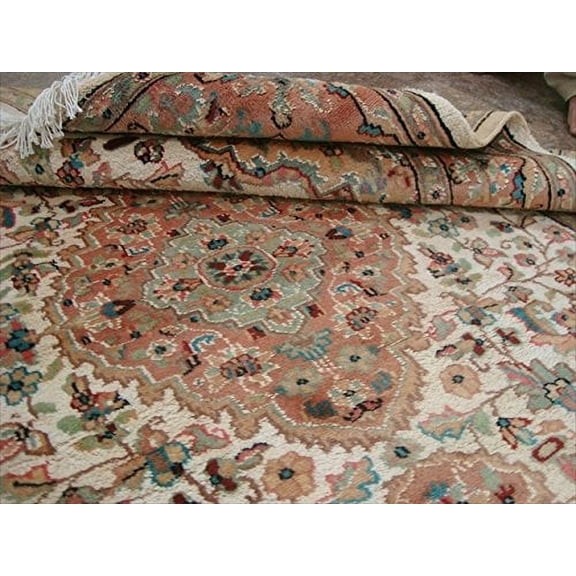 Ahmedani Linen Gultarash Ivory Medallion Touch Flowers Rare Hand Knotted Any Room Area Rug Wool Silk Indoor Carpet (6 x 4)'