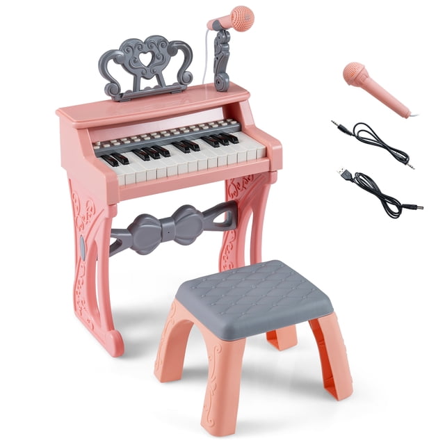 Costway 17.5in Height Mini Keyboard Piano for Kids 25 Keys Electric Piano w/Stool, Music Stand & Microphone