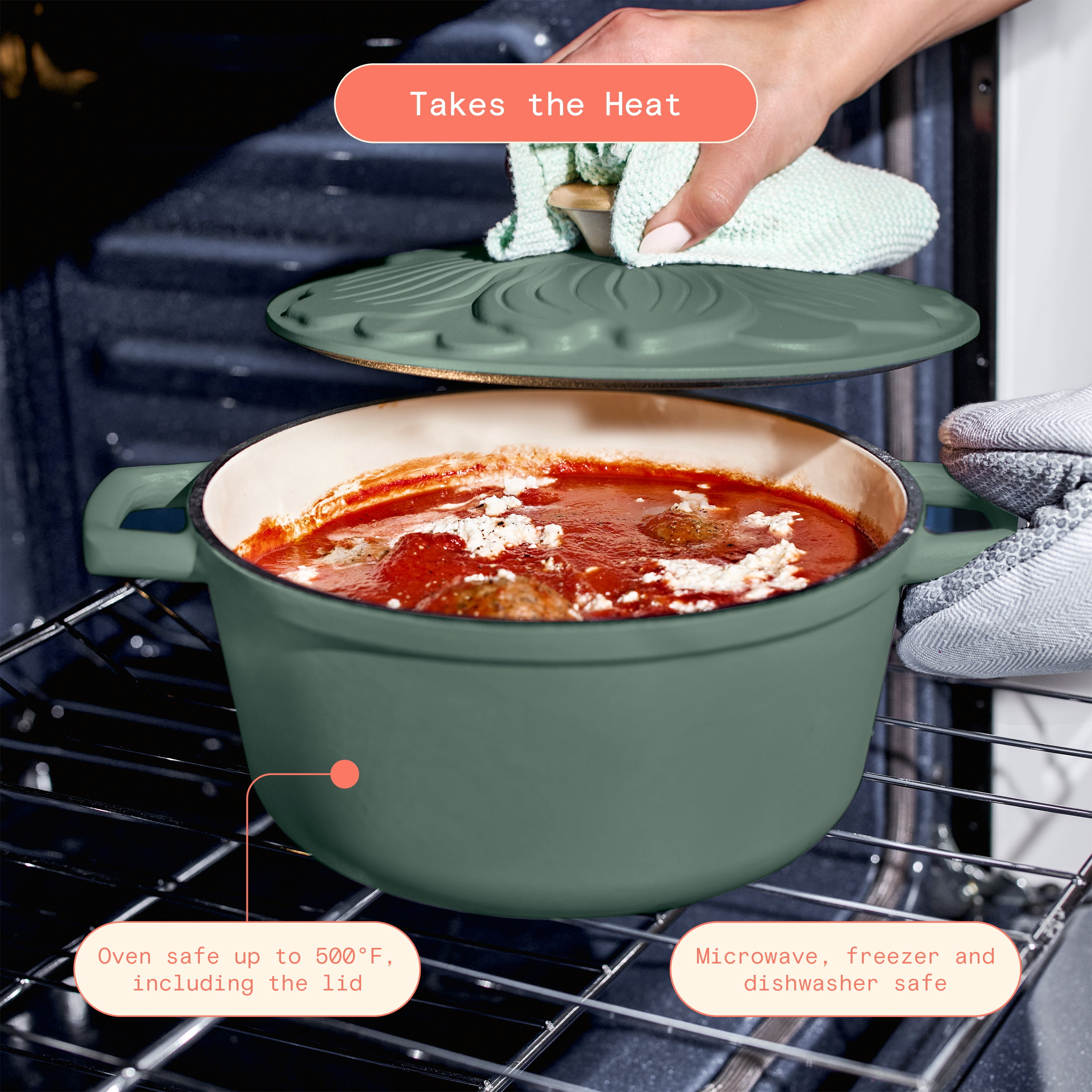 Beautiful 4 Quart Enameled Cast Iron Round Dutch Oven with Petal Design Lid, Thyme Green by Drew Barrymore