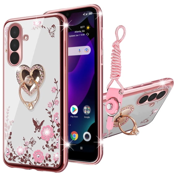 nancheng Cute Case for Samsung Galaxy A27 5G Girls Women Flower Clear Phone Case, Pink TPU Bumper Shockproof Protetion Cover with 360° Rotatable Ring Kickstand Lanyard - Rose Butterfly