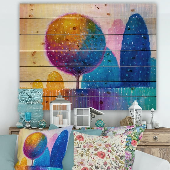 Designart 'Ornamental Colourful Trees X' Modern Print on Natural Pine Wood