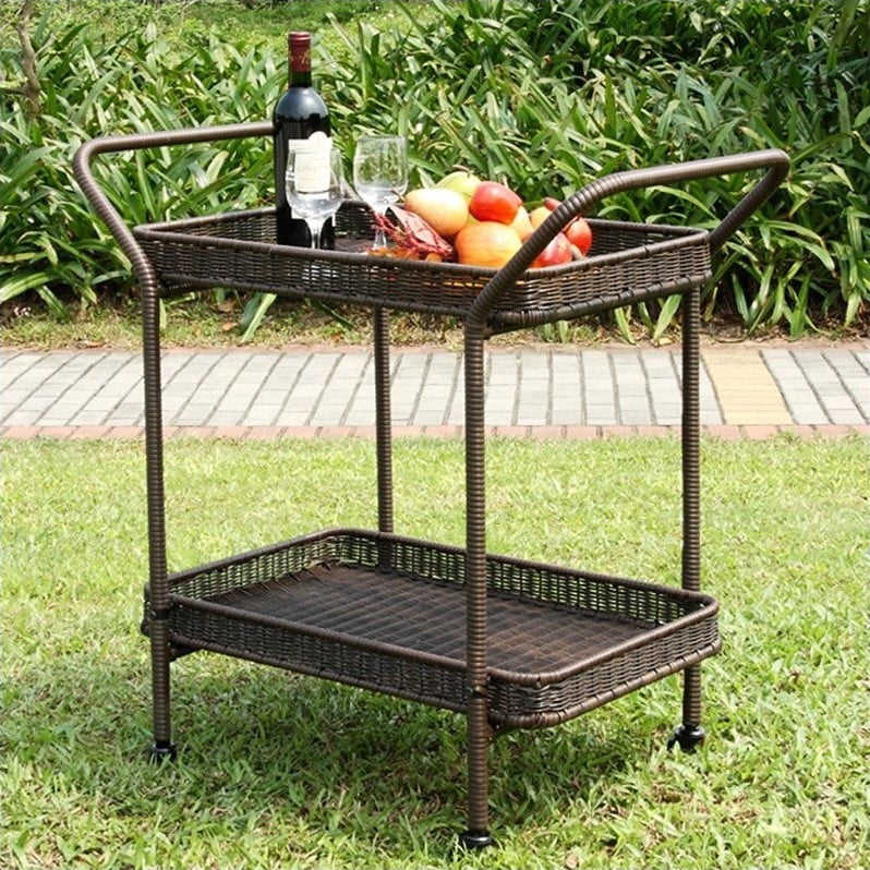 VIVOHOME Rolling Wicker Bar Cart with Ice Bucket and Storage Features Outdoor 