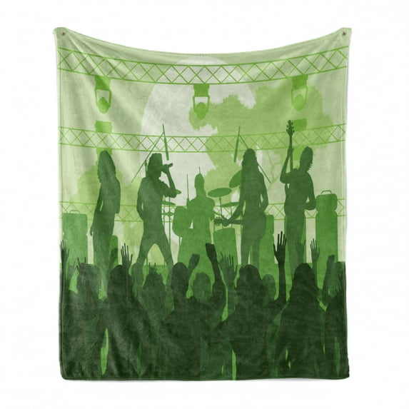 Music Soft Flannel Fleece Throw Blanket, Rock Concert Concept Band Performing on the Stage and Singing Festival, Cozy Plush for Indoor and Outdoor Use, 50" x 60", Green Dark Green Green, by Ambesonne