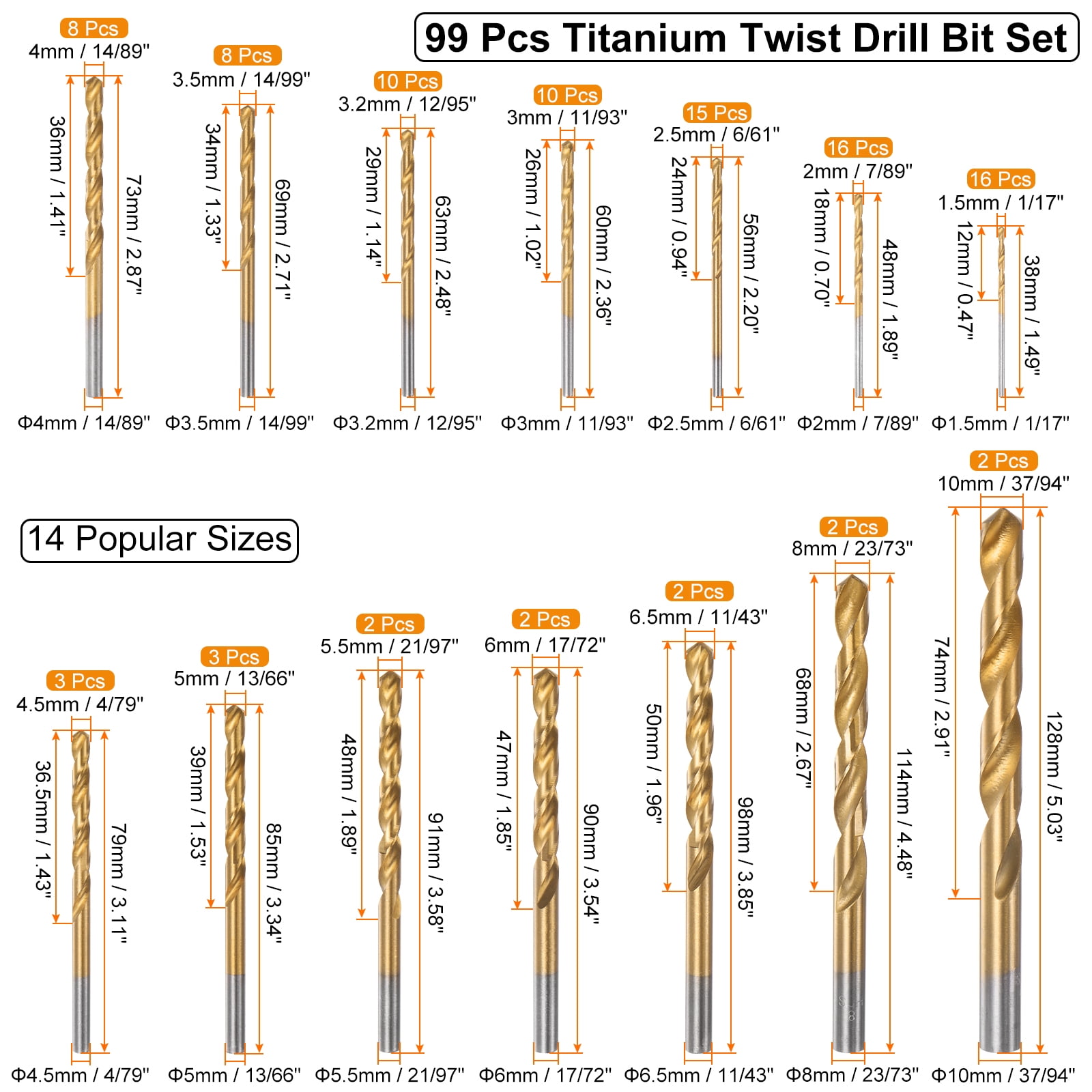 Unique Bargains 99pcs Titanium Twist Drill Bit Set 14 Sizes High Speed Steel Drills with Case