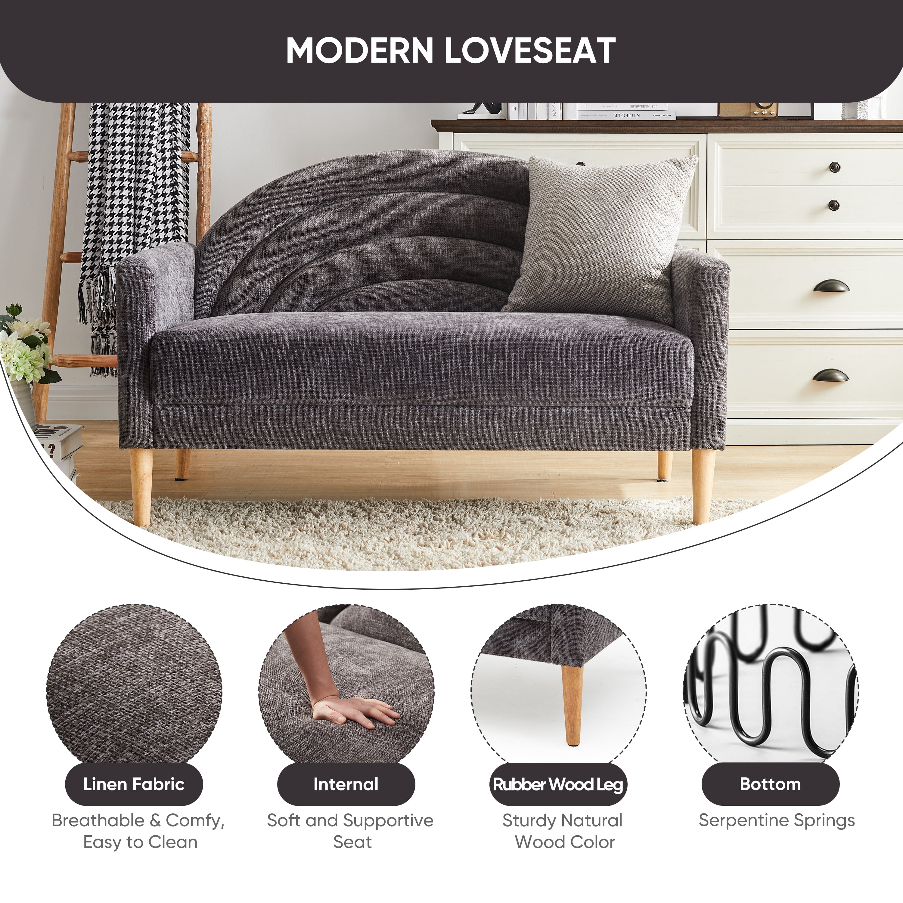 Loveseat Sofa for Small Spaces,49.6" Mid-Century Modern Linen Small Couch with Arched Backrest,2-Seater Upholstered Settee,600 lbs Capacity,Grey