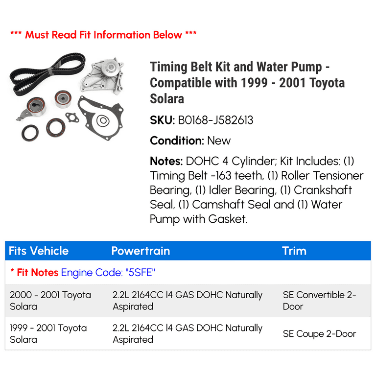 2001 Toyota Solara 99 Camry Timing Marks Timing Belt Kit And