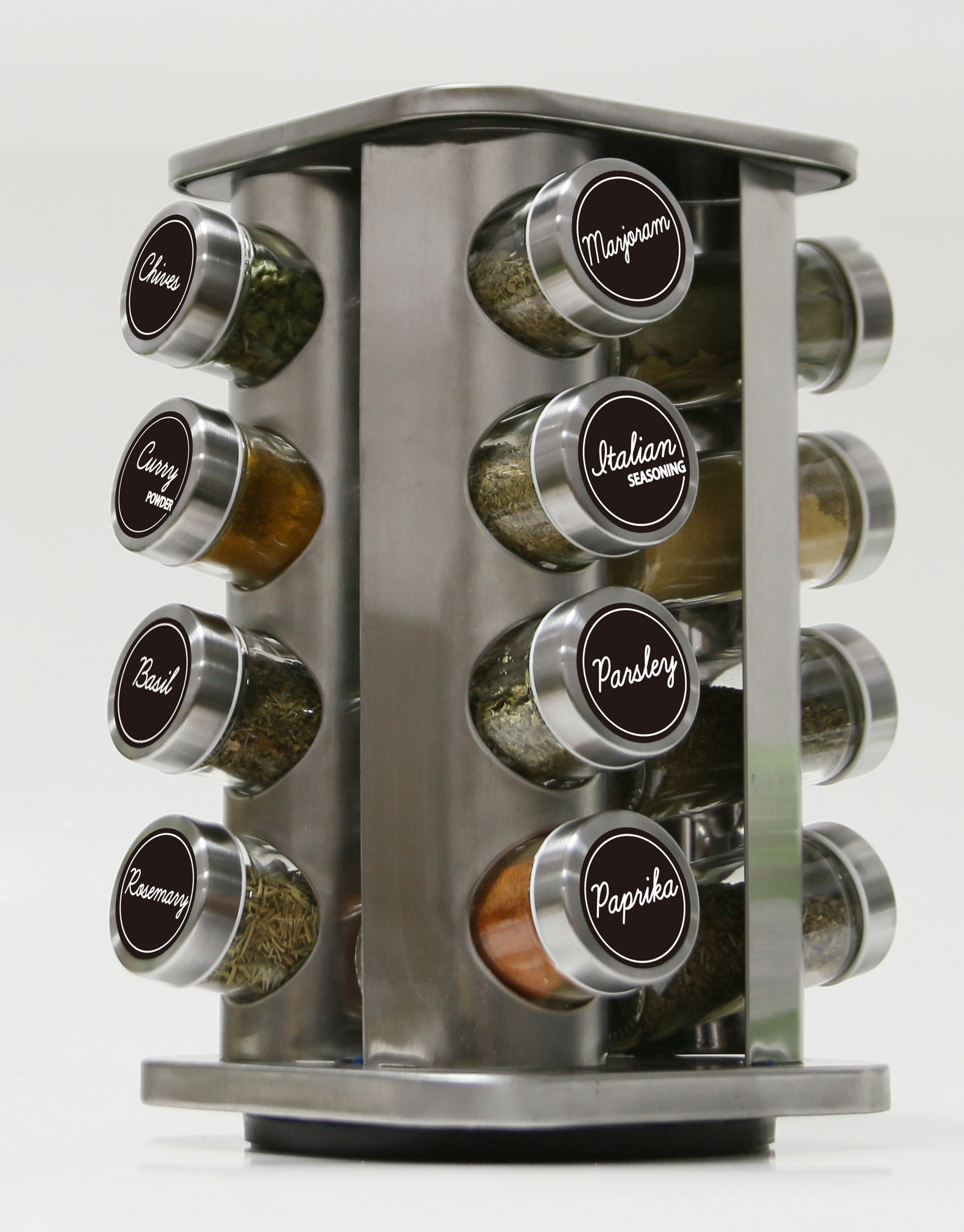 16 Jar Revolving Spice Rack with Glass Bottles Rotating for Herbs and Spices 