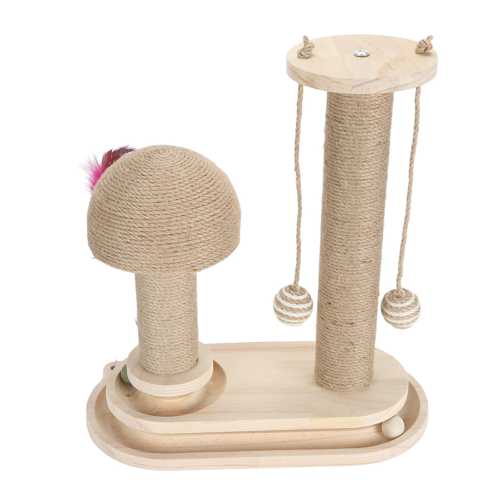 YAHHU Cat Scratching Post 2 Layer Ball Track Interactive Tall Kitten Scratcher with Teasing Wand for Indoor Cats Oval Mushroom Turntable (15.3 inches / 39 cm)