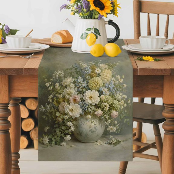Burlap Table Runner 72 Inches Long, Romantic Blossom Floral Non-Slip Kitchen Table Runners for Dining Room Everyday Use Party Table Decorations Vintage Boho Flower