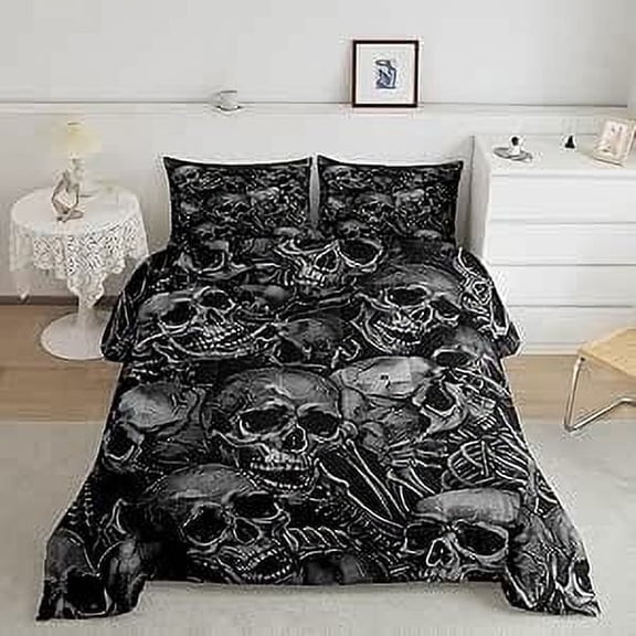 Sugar Skull Bedding Set Gothic Skeleton Comforter Set Teens Room Decor Pesonalized Skeleton Bones Comforter Halloween Themed Grey Duvet Set