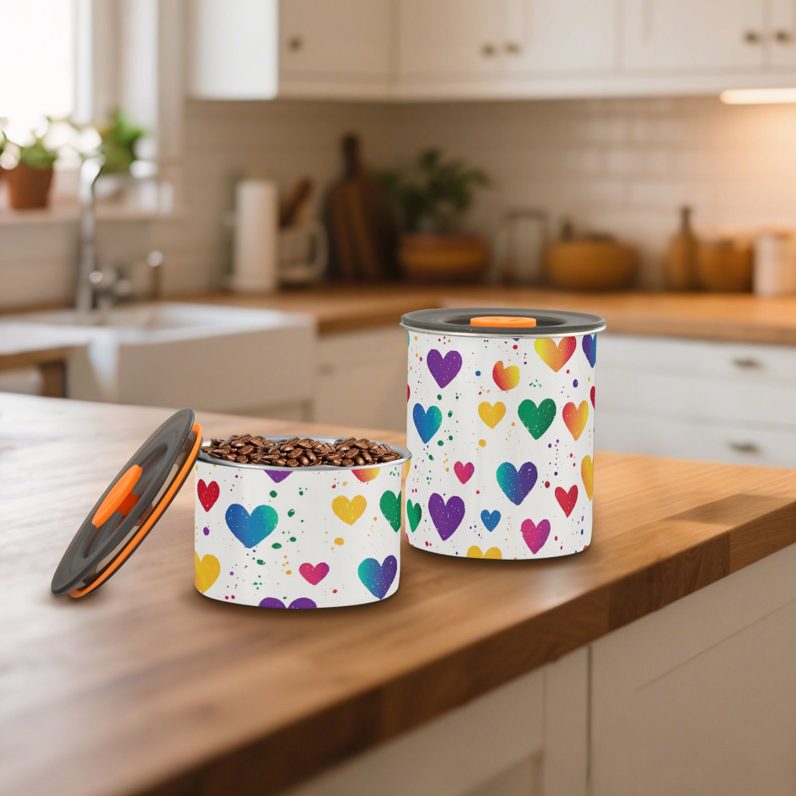 Rainbow Hearts Colorful Airtight Coffee Bean Canister 30oz Food Storage Containers with Lids For Gournd, Tea, Sugar, Flour, Rice, Cereal, Candy Cookie Jar