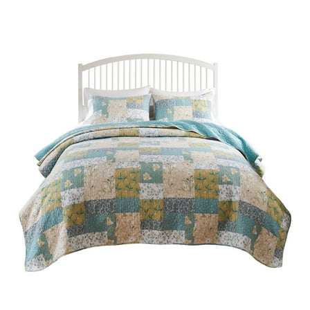 Benjara Evane 3pc Full/Queen Quilt Set, Floral Design, Mist Blue and White Cotton