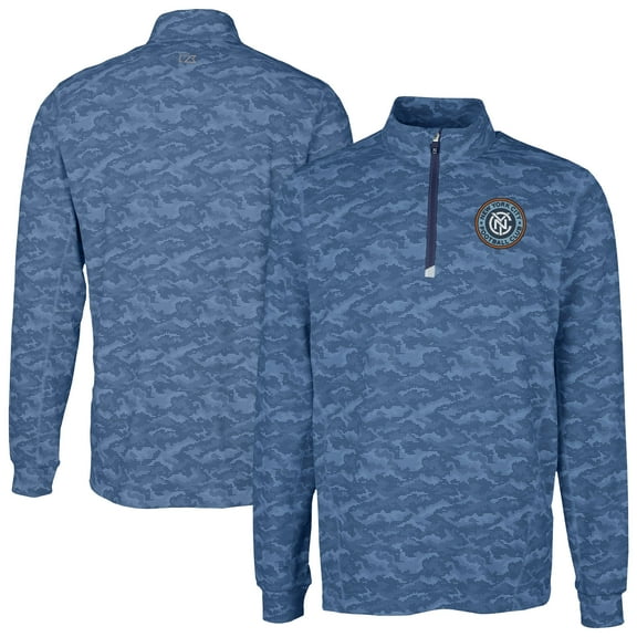 Men's-Cutter & Buck  Navy New York City FC Traverse Stretch Eco Camo Print Quarter-Zip Pullover Top