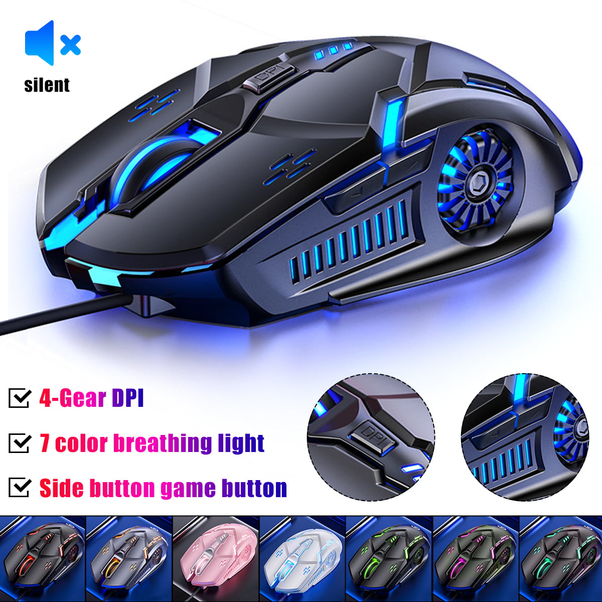 6 Buttons 3200DPI Adjustable DPI Optical USB Wired LED Breathing Gaming Mouse 