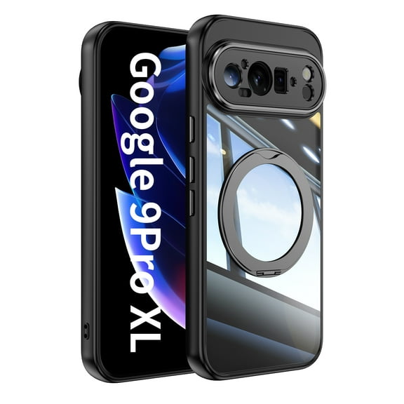 ELEHOLD Case for Google Pixel 9 Pro XL, Shockproof Anti-Scratch Full Camera Protector Case with 360° Ring Holder Stand,Black