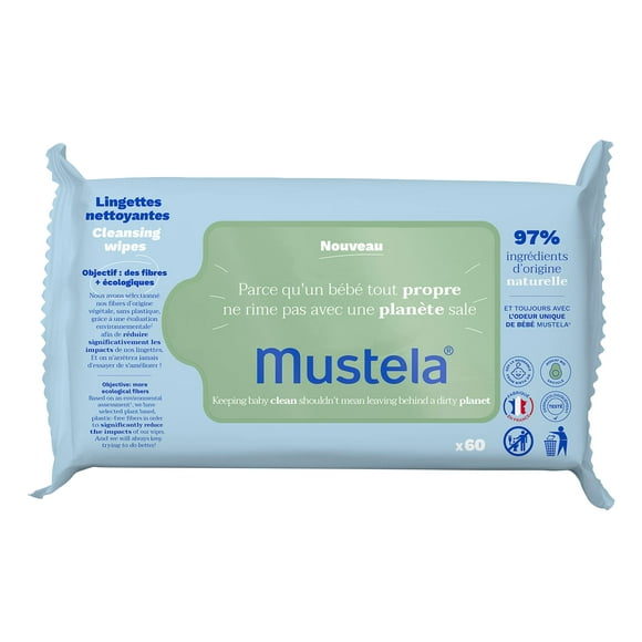 Mustela Baby cleansing Wipes with Natural Avocado - For Face, Body & Diaper Area - Made with compostable & Plastic Free Fibers - Lightly Scented - 60 ct