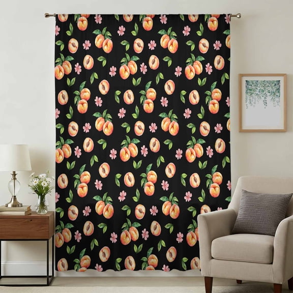 Peaches Sheer Curtains 45 Inches Long, Summer Fruit Flowers Spring Watercolor Black Light Filering Curtains, Breathable Simi Curtain Privacy Drapes for Kitchen Bathroom Small Window Treatment