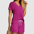 thumbnail image 2 of Annhoo Two Piece Sets for Women Summer Short Sleeves V Neck Tops and Drawstring Shorts Casual Solid Color Loungewear Sets, 2 of 5