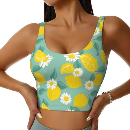 Jgfou Lemons Chamomile Flowers And Leaves Print Womens Sports Bra - Padded Workout Sports Bras Crop Tank Top