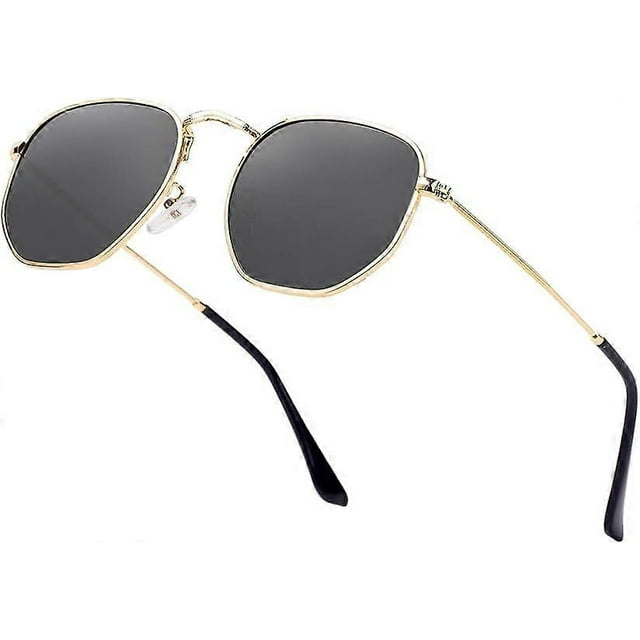 A pair of gold frame all gray hip-hop hexagonal polarized sunglasses for men and women geometric square small retro sun glasses