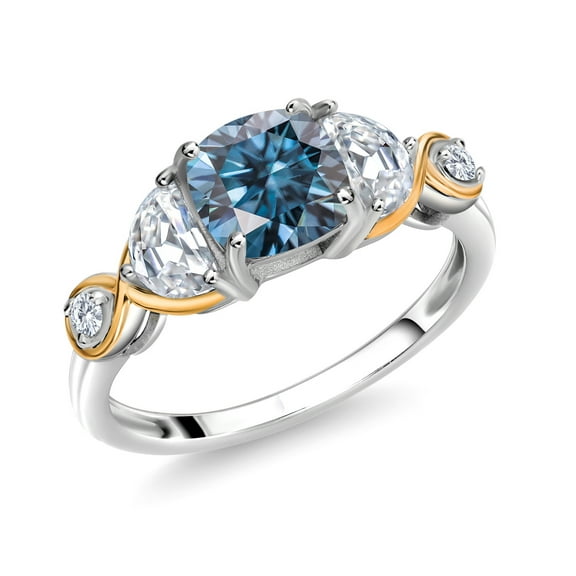 Gem Stone King 925 Silver and 10K Yellow Gold Ring Cushion Persian Blue Moissanite Half Moon White Moissanite and Lab Grown Diamond Engagement Ring (1.66 Cttw, Size 6)
