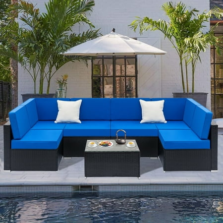 UHOMEPRO Brown Wicker Patio Dining Set 7 Piece Wicker Patio Furniture Conversation Set with Coffee Table Rattan Sofa Sectional Furniture Set Backyard Pool Balcony Seating Blue Cushion W9476