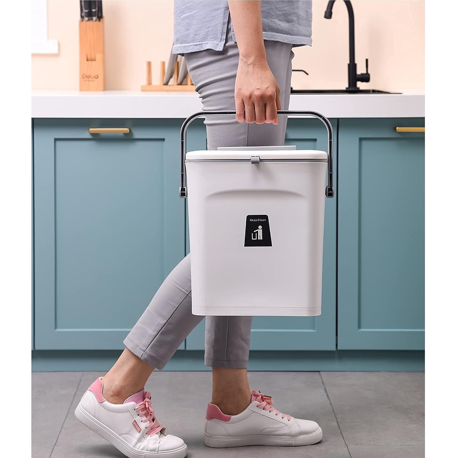 2 in 1 Kitchen Trash Can & Slide Lid, Under Sink Garbage Can, 2.4 Gal Waste Bins & Inner Barrel,Portable Hang Trash Bin, with Sticky Hook & Scraper