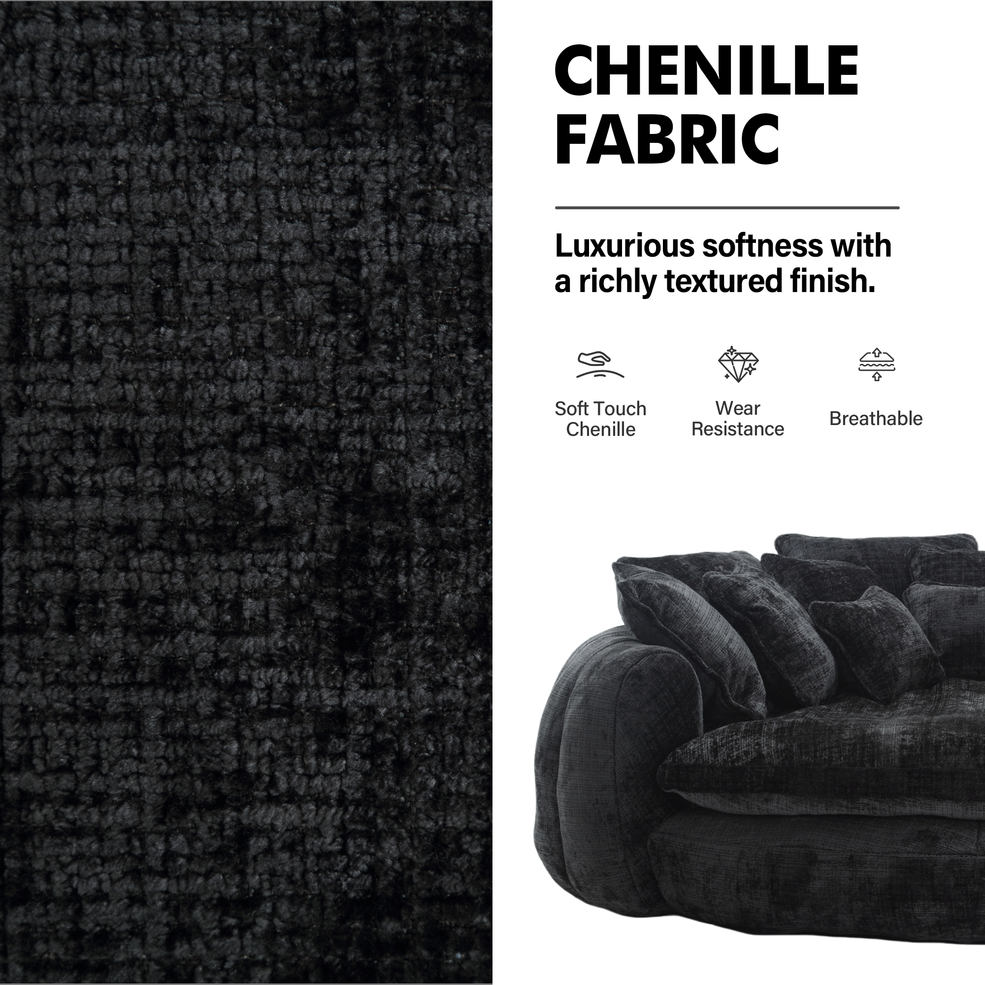 Aukfa 81" Oversized Round Chaise Lounge Sofa Bed, Modern Chenille Cloud Couch with Deep Seat, 14 Pillows, Assemble-Free, Black