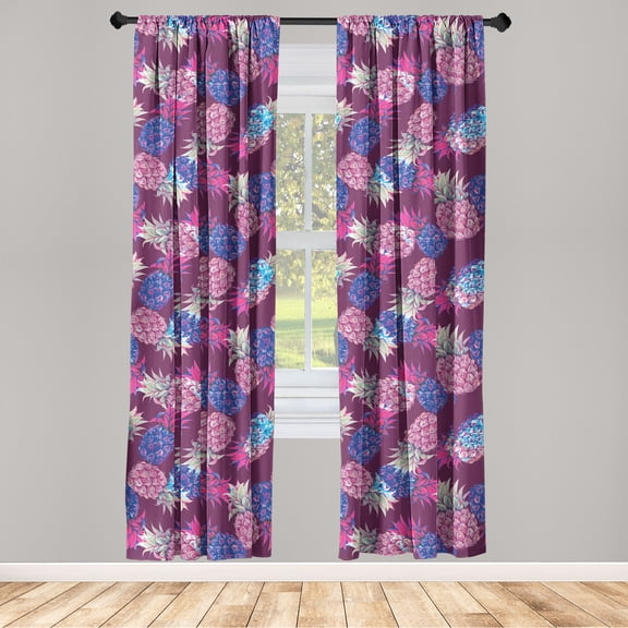 Tropical Window Curtains, Watercolor Style Repetitive Pattern of Pineapples Vintage Ornament, Lightweight Decor 2-Panel Set with Rod Pocket, Pair of - 28"x84", Dark Magenta Pale Green, by Ambesonne