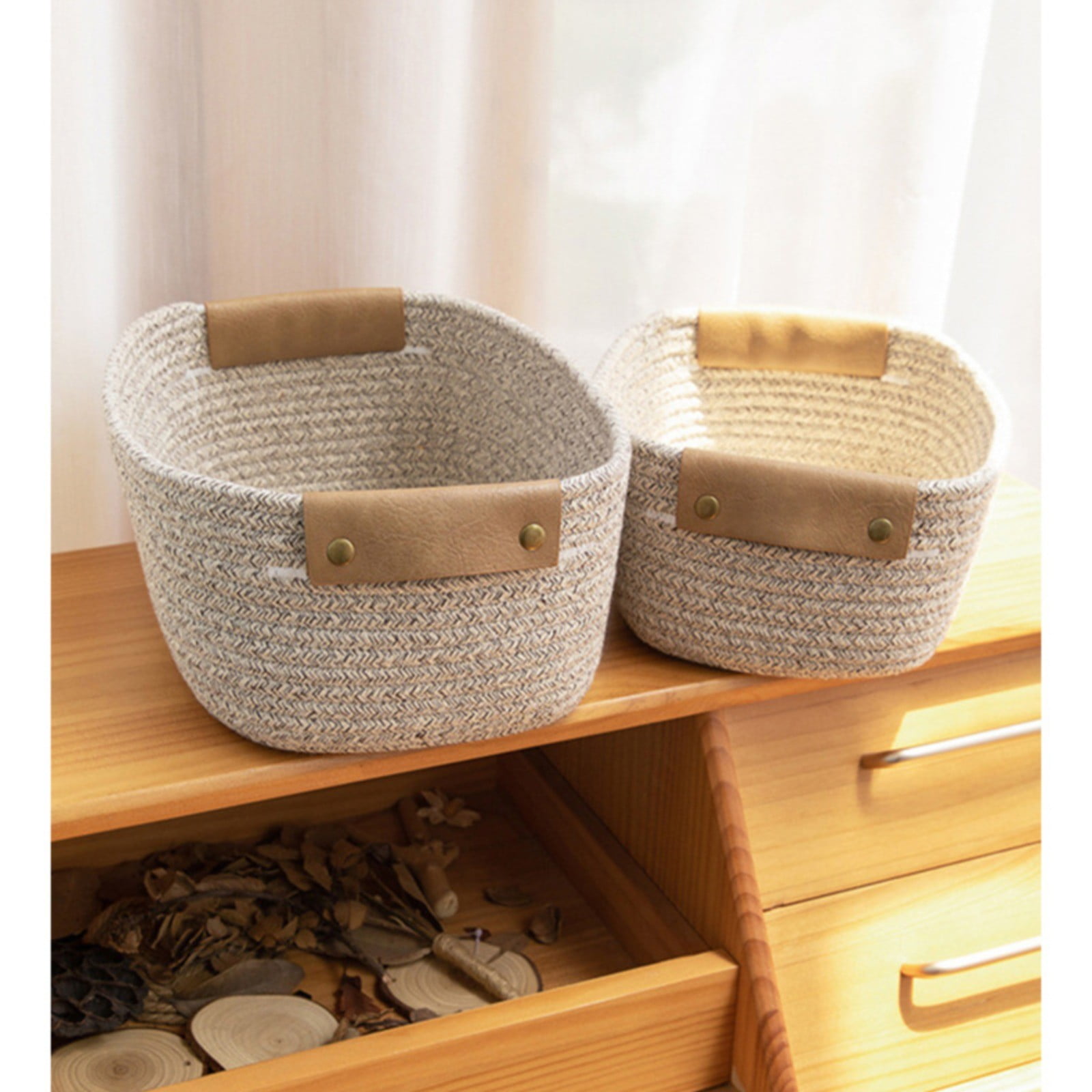 Cotton Woven Basket with PU Leather Handle, Clothes Toys Candy Gifts Cotton Rope Organizer, Living Room Basket Bathroom Shower Storage Laundry Basket, Dog Cat Bed, Fall Basket, 11.02x8.66x4.33"