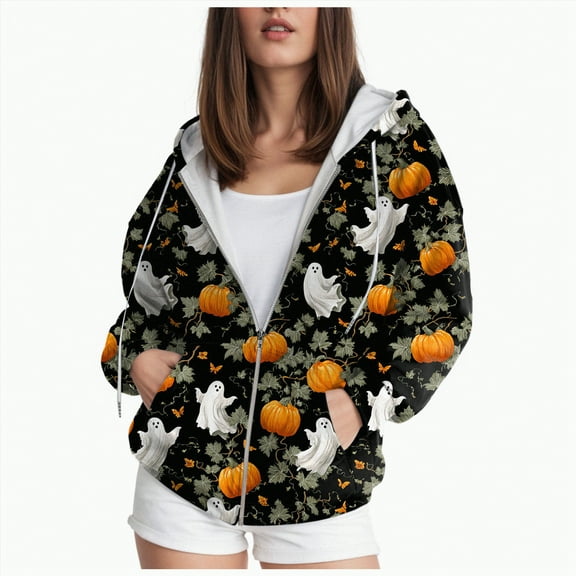 Towmus Women Long Sleeve Halloween Graphic Crewneck Tops Casual Zip Up Hooded Sweatshirts