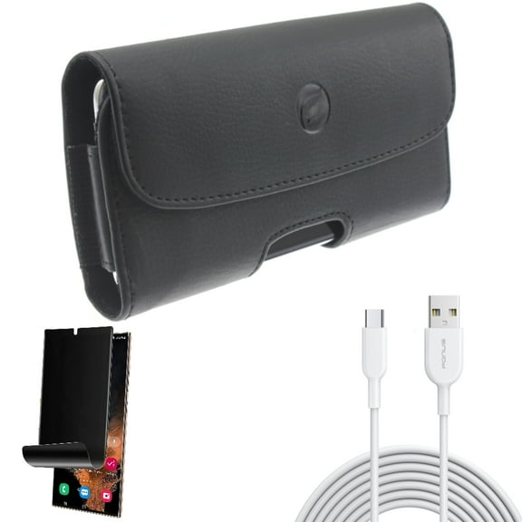 Privacy Screen Protector & Case Belt Clip & 6ft USB-C Cable for Samsung Galaxy S22 Ultra (6.8") - Combo TPU Film (Fingerprint) Anti-Peep & Leather Holster Cover & Type-C Fast Charger Cord