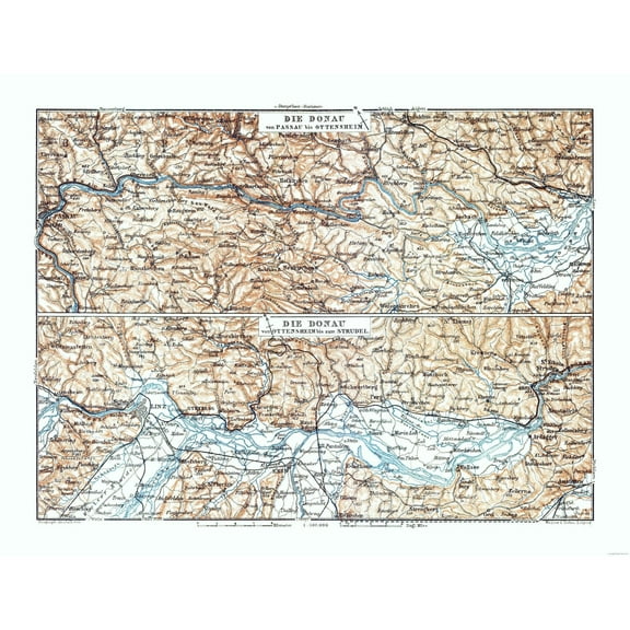 Historic Map - Danube River Germany Austria - Baedeker 1910 - 29.98 x 23 - Vintage Wall Art