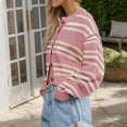 thumbnail image 4 of Striped Crop Cardigans for Women Long Sleeve Crew Neck Cropped Sweater Button Front Oversized Fashion Knit Jacket Pink, L, 4 of 6