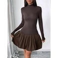 thumbnail image 5 of Women Long Sleeve Bubble Mini Dress Bodycon Mock Neck Casual Cocktail Club Party Dresses Brown L, 5 of 9