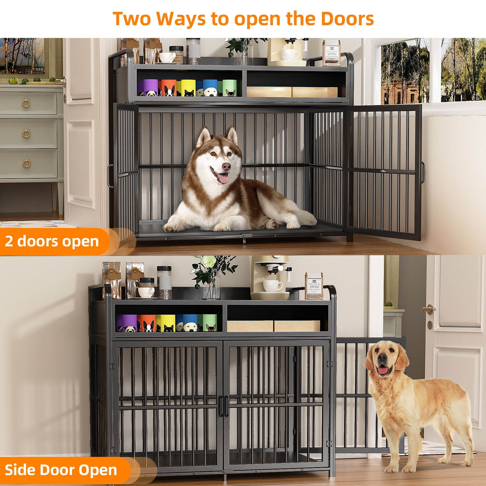 ModFurne Large Dog Crate Furniture with Drawers Storage, Puppy Dog Kennel Indoor with Double Doors, Black