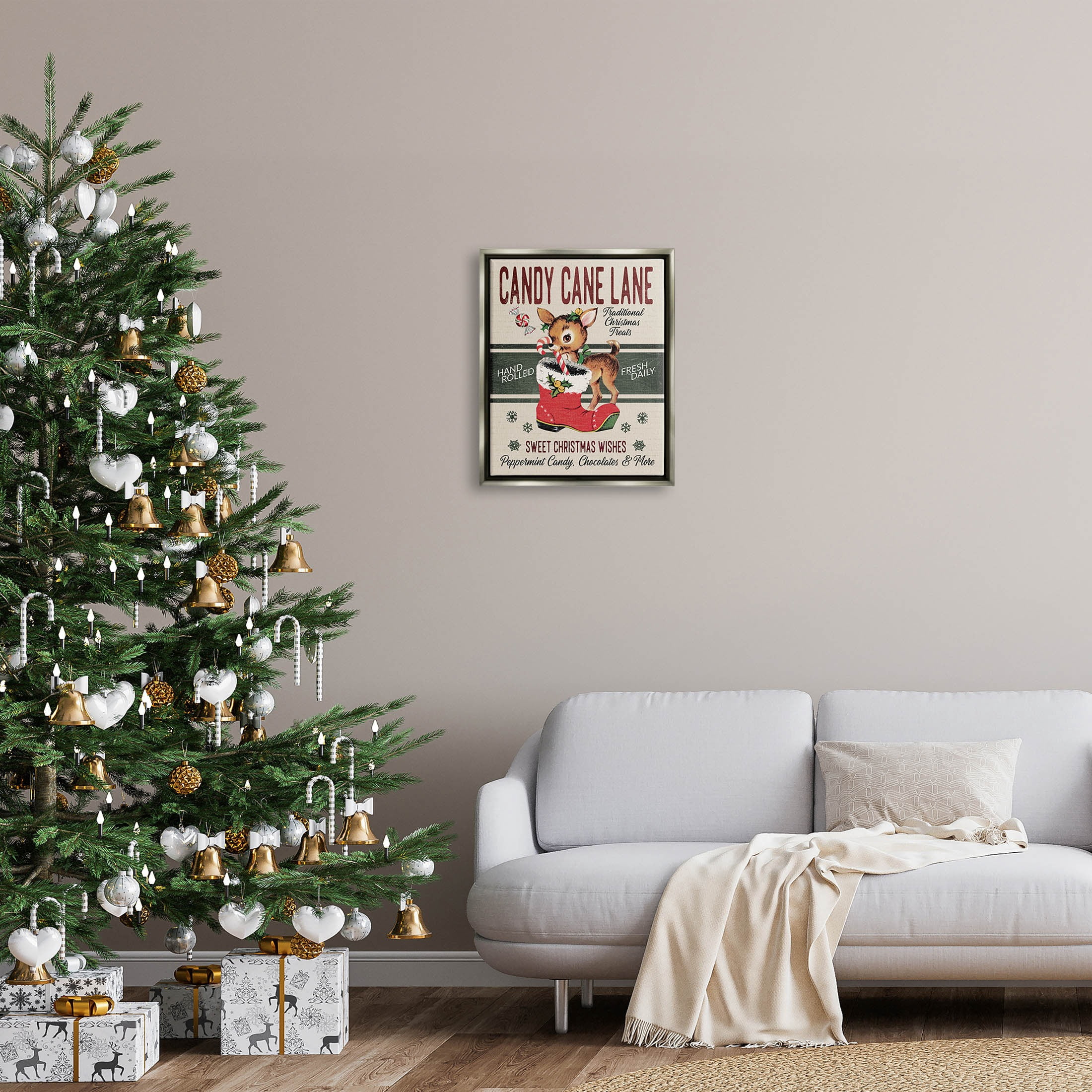 Candy Cane Lane Vintage Reindeer Boot Holiday Graphic Art Luster Gray Framed Art Print Wall Art