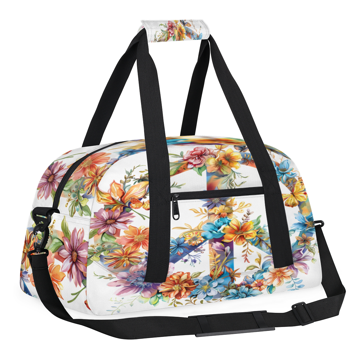 Herdesigns Hippie Flowers Sports Duffle Bag for Women & Men, Peace Sign Gym Bag Dance Bag Overnight Bag Carry On Weekender Travel Bag