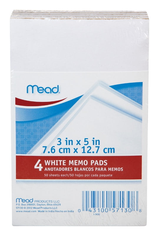 Mead White Memo Pad 50 Counts 4 Packs 3' x 5'