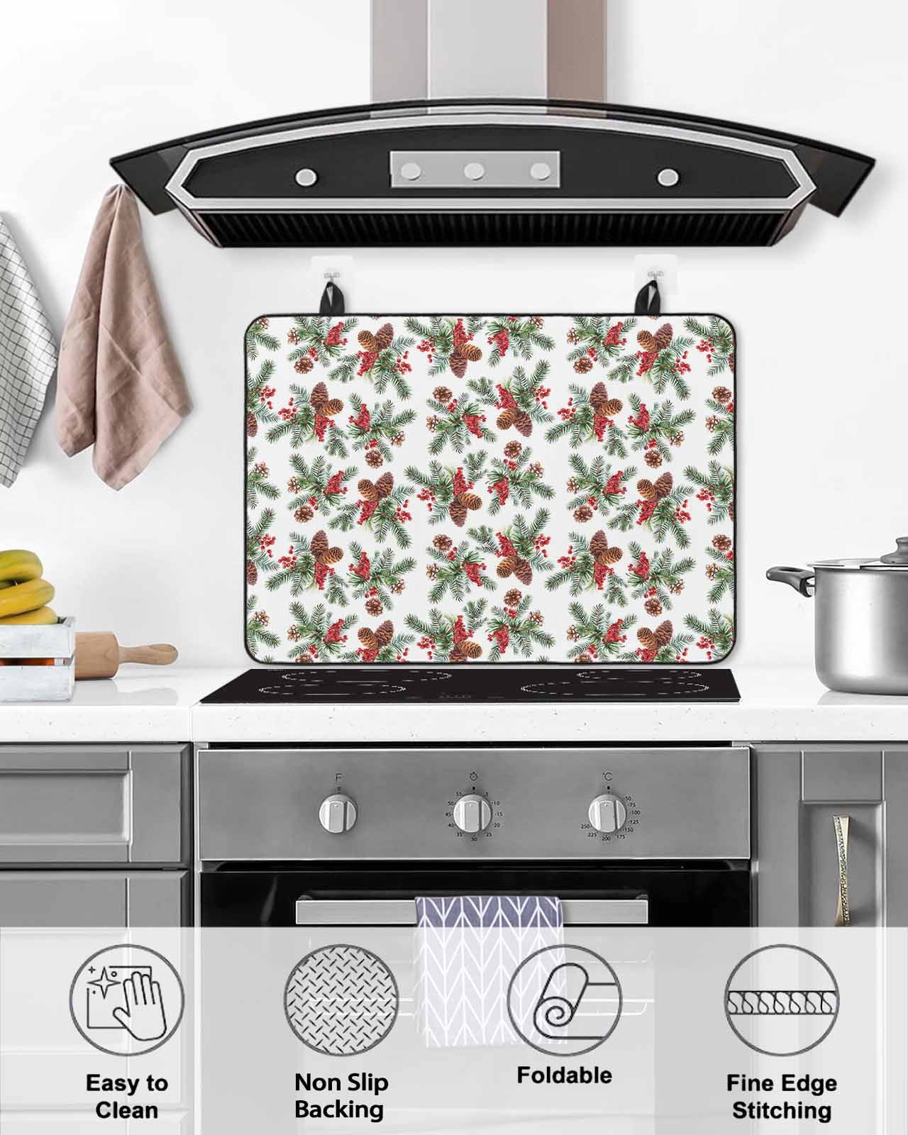 Large Induction Cooktop Protector Mat Christmas Stove Top Covers for Electric Stove, Farmhouse Red Berry Xmas Pine Cones Needles Decorative Stove Burner Cover Mats, Glass Top Stove Cover