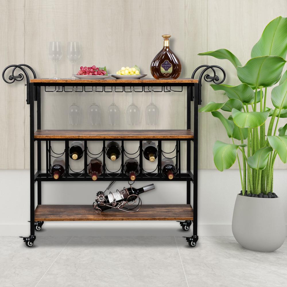 3Tier Vintage Wood Kitchen Bar Cart Wine Rack Serving Trolley Rustic