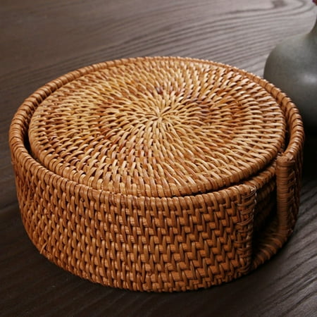 

HEVIRGO Coaster 6Pcs/Set Drink Coasters Set Round Tableware Placemat Dish Mat Rattan Weave Pad