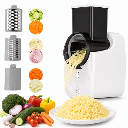 Cordless Electric Cheese Grater and Vegetable Slicer, 3 in 1 Rechargeable Salad Maker with 3 Interchangeable Stainless Steel Blades, Electric for Block Cheese, Carrots, Cucumbers, Nuts