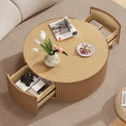 Gelloan 35 Round Coffee Table with Two Drawers,Circle Coffee Table Space-Saving Multiple Purpose for Living Room,Dining Room and Home,Natural