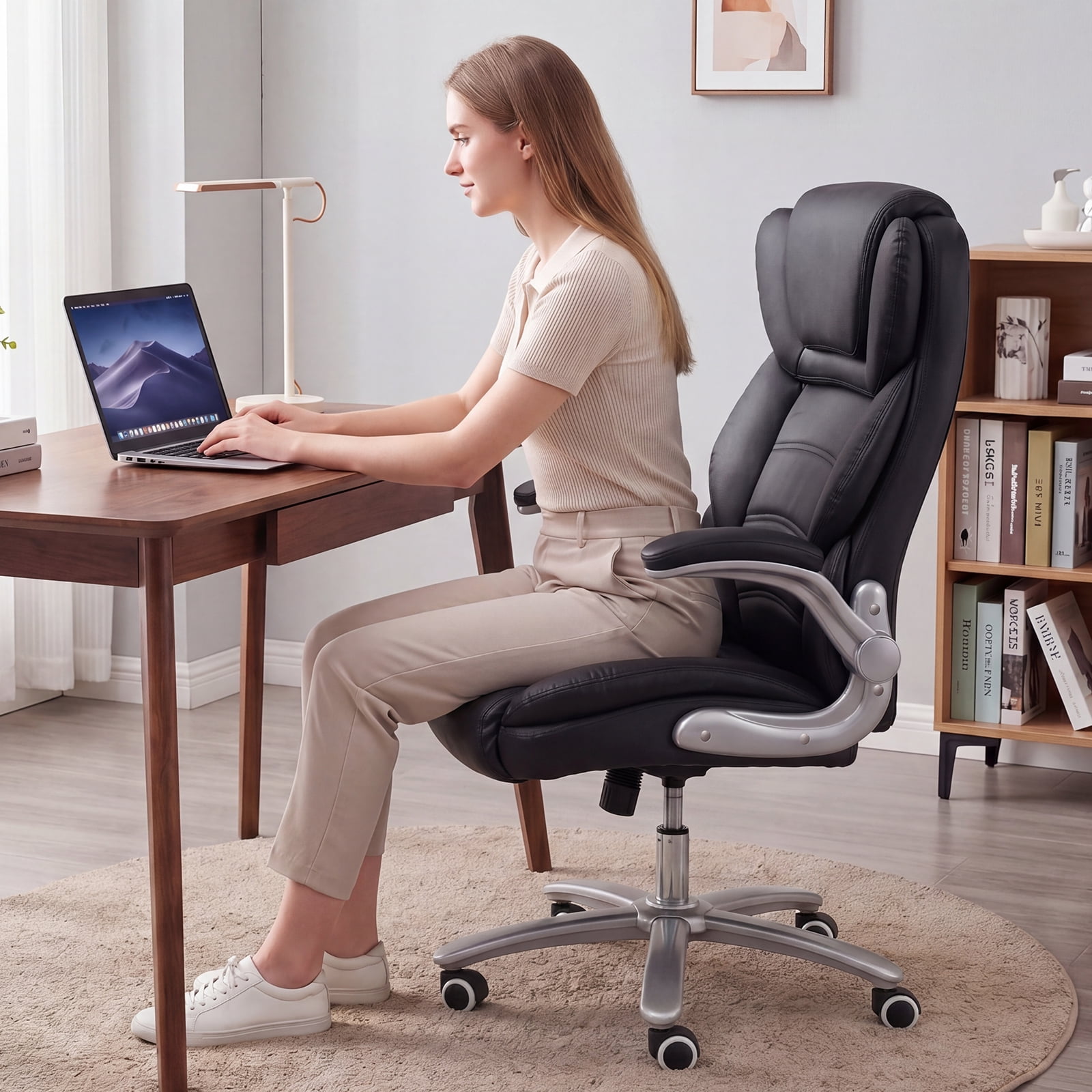 iooHug Big and Tall Office Chair 400lbs, Ergonomic Desk Chair with Lumbar Support, Flip-Up Arms, Faux Leather High Back Computer Chair for Home Office, Black